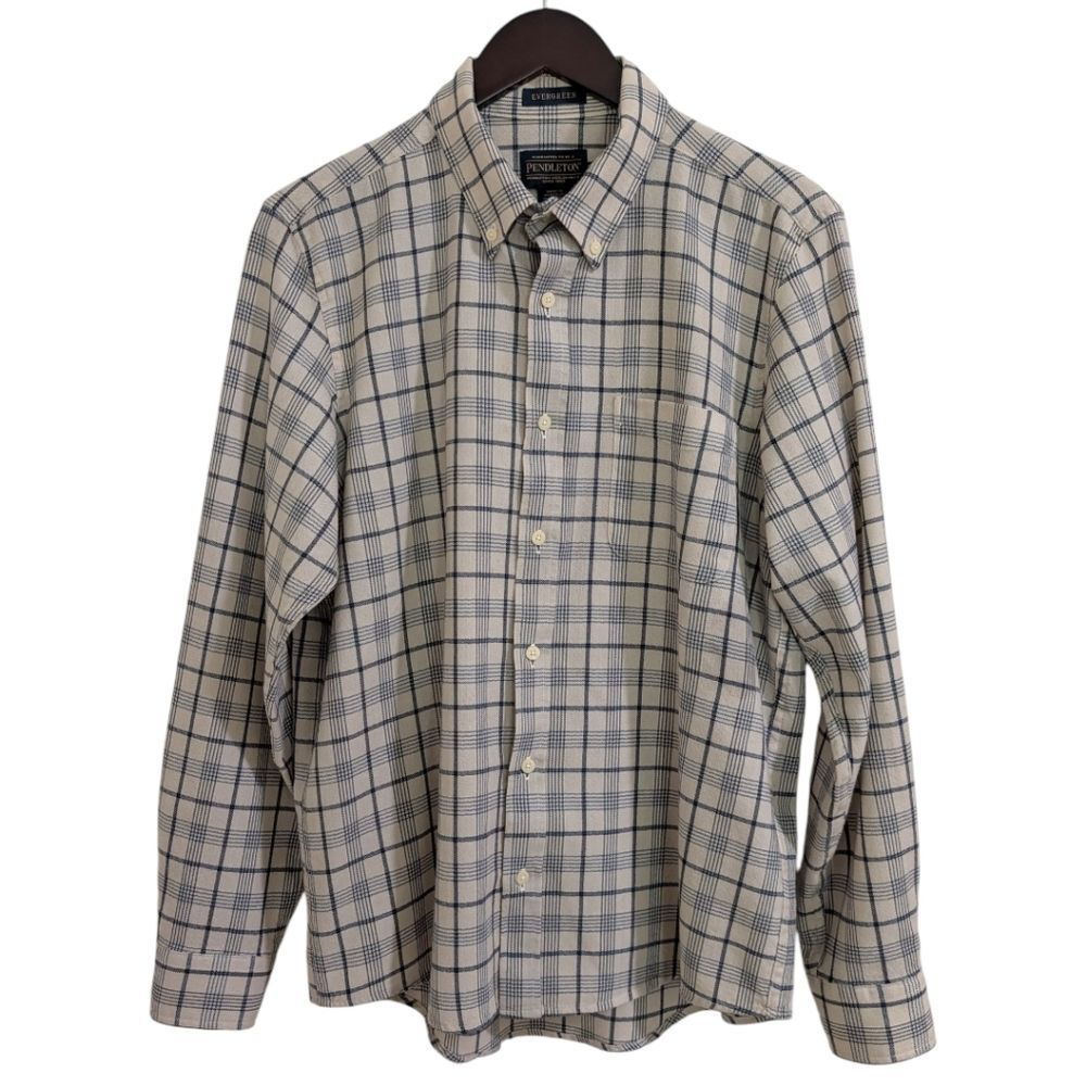 Pendleton Evergreen Fitted Wool Shirt Cream & Navy Plaid Men’s Large